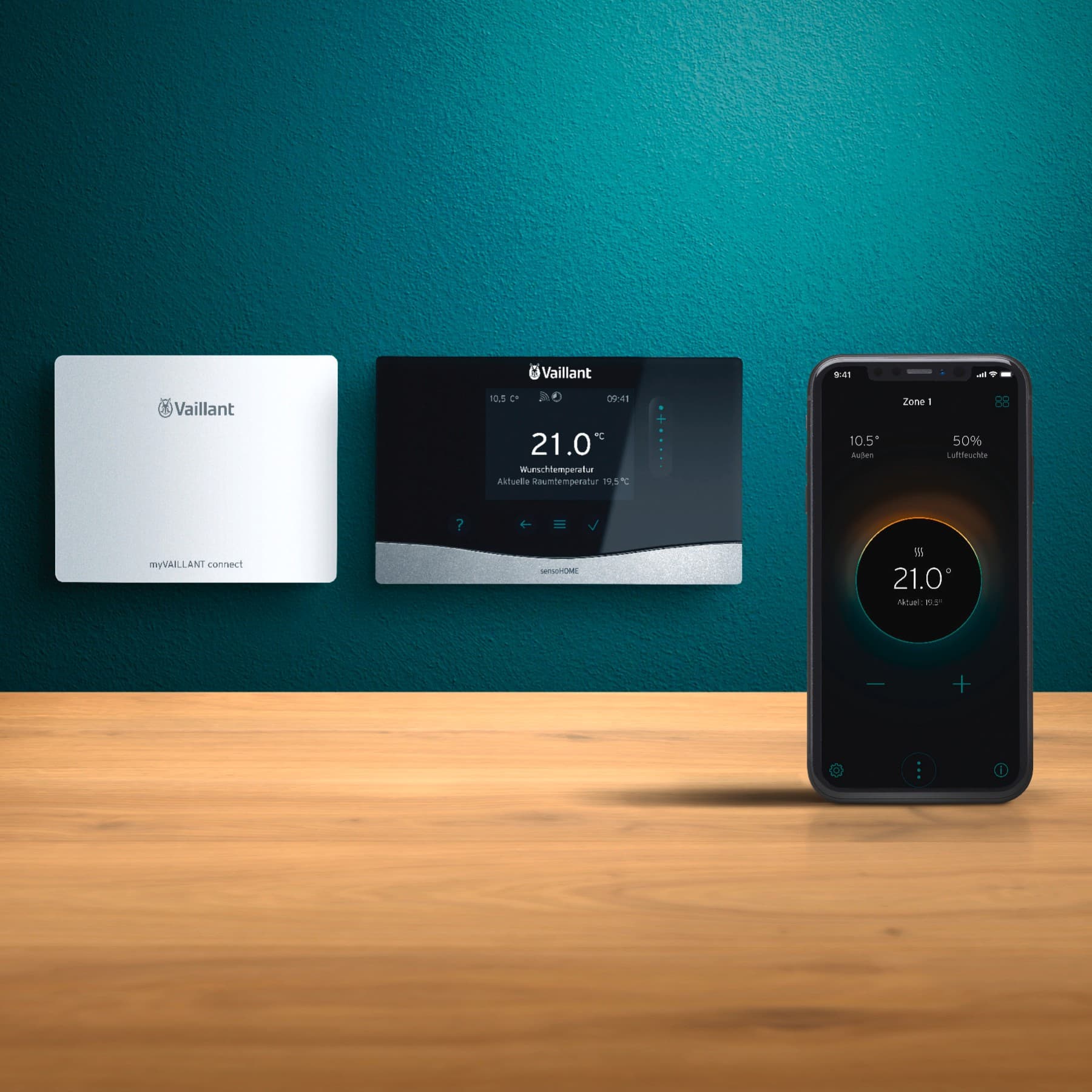 myVAILLANT connect gateway, thermostaat en smartphone met myVAILLANT app