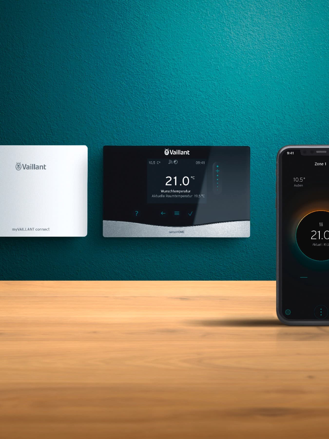 myVAILLANT connect gateway, thermostaat en smartphone met myVAILLANT app