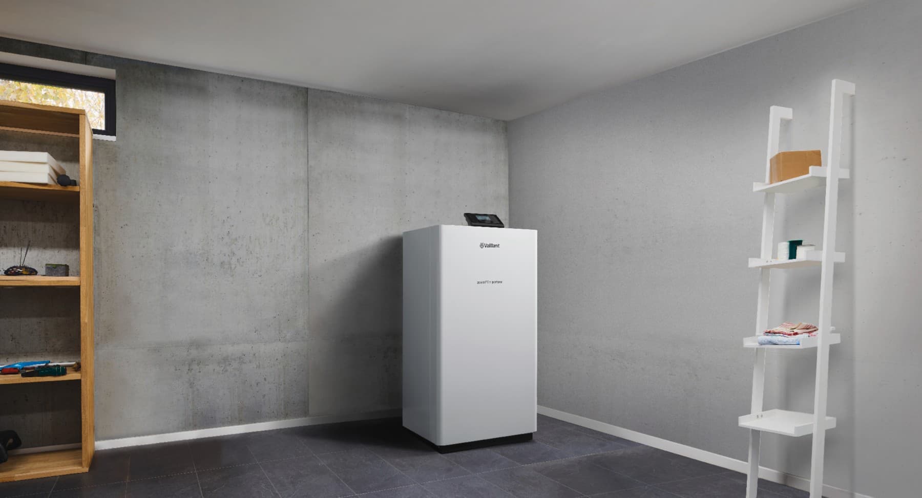 Een warmtepomp in een bijkeuken