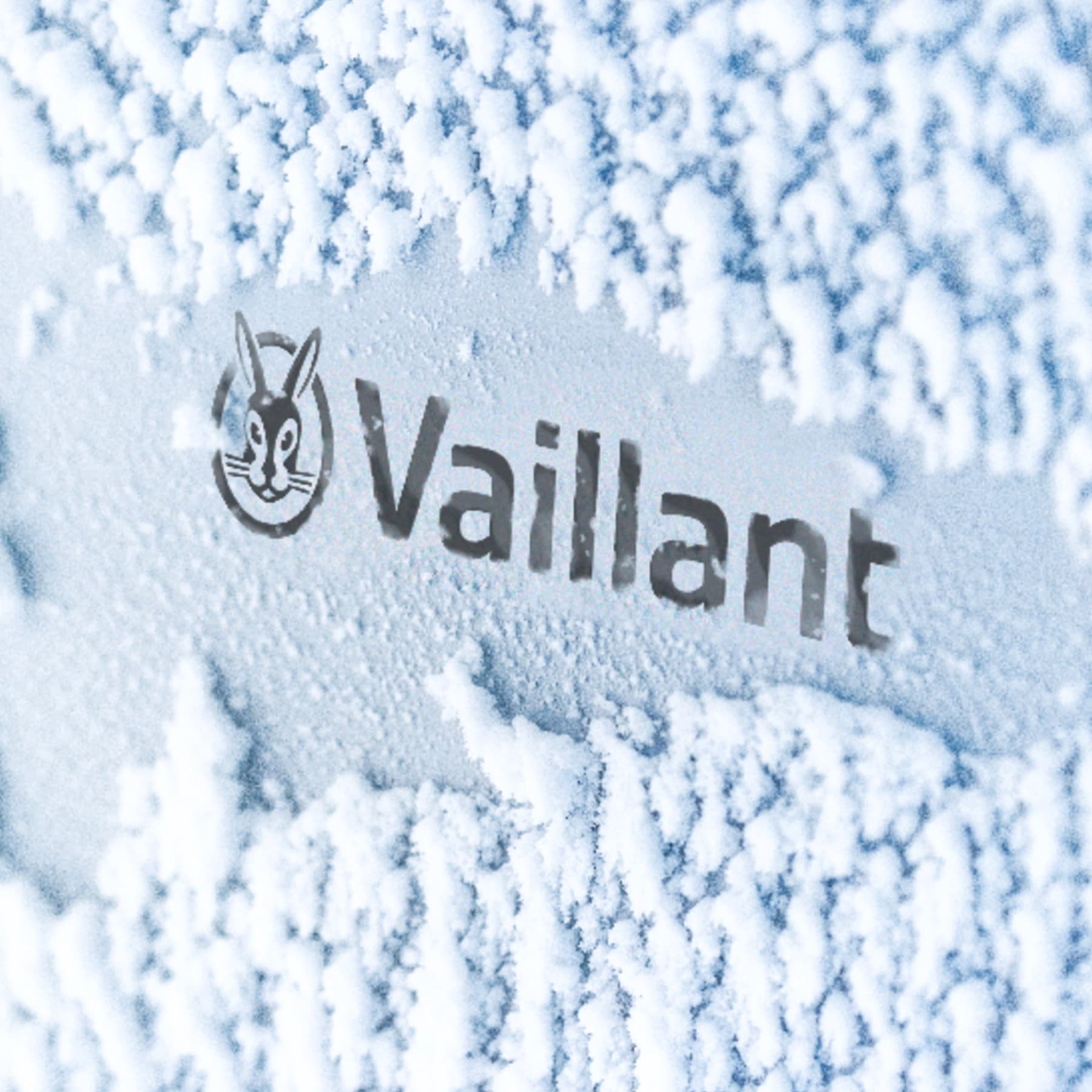 Vaillant-logo op een met sneeuw bedekte warmtepomp