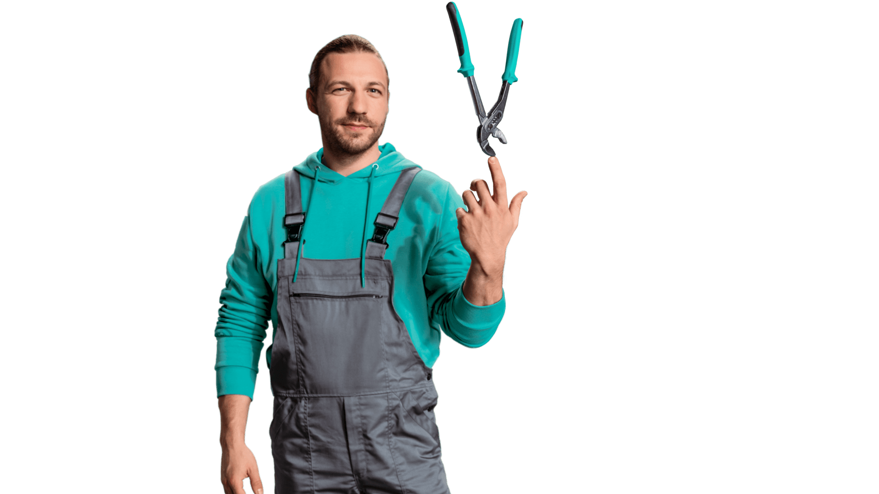 Installateur die een gereedschap op zijn hand balanceert